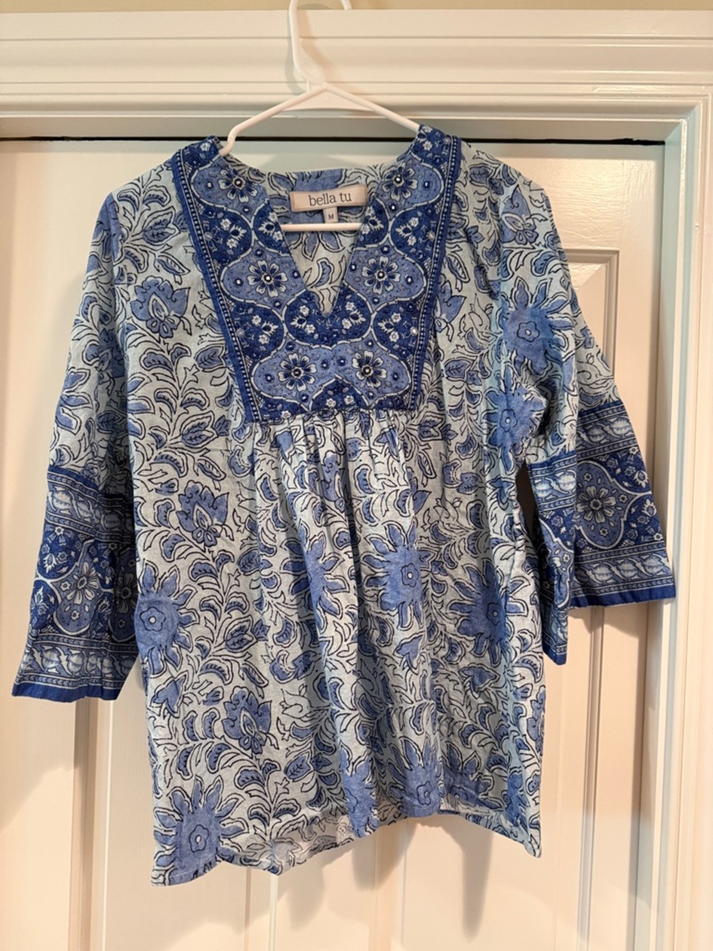 Bella Tu Blue Floral Embroidered V-Neck Tunic